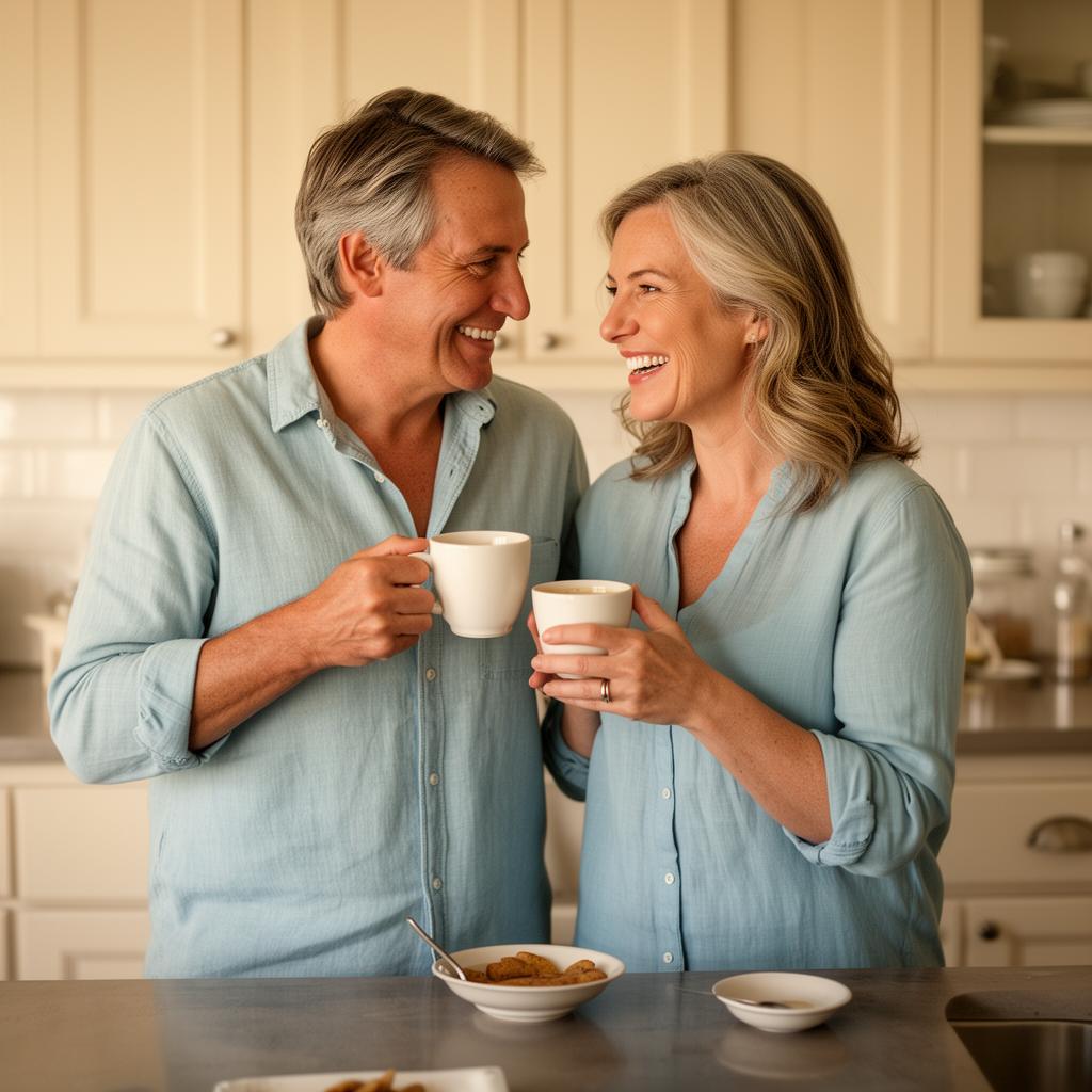 A healthy couple laughing together at home